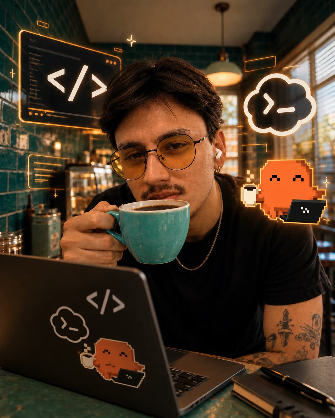 Kadu tomando café num café, com o notebook aberto e ícones de código flutuando ao redor